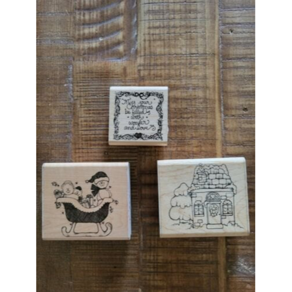 Vintage D.O.T.S. 1989 3 Pc Lot of Rubber Stamps Christmas Greetings House Sleigh